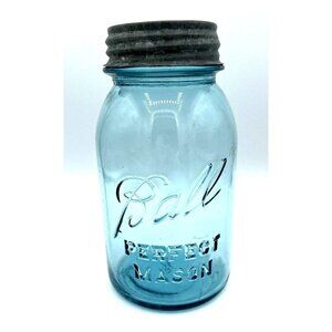 Large Ball Blue Glass Antique Perfect Mason Jar w/ Zinc Lid, Circa 1900s